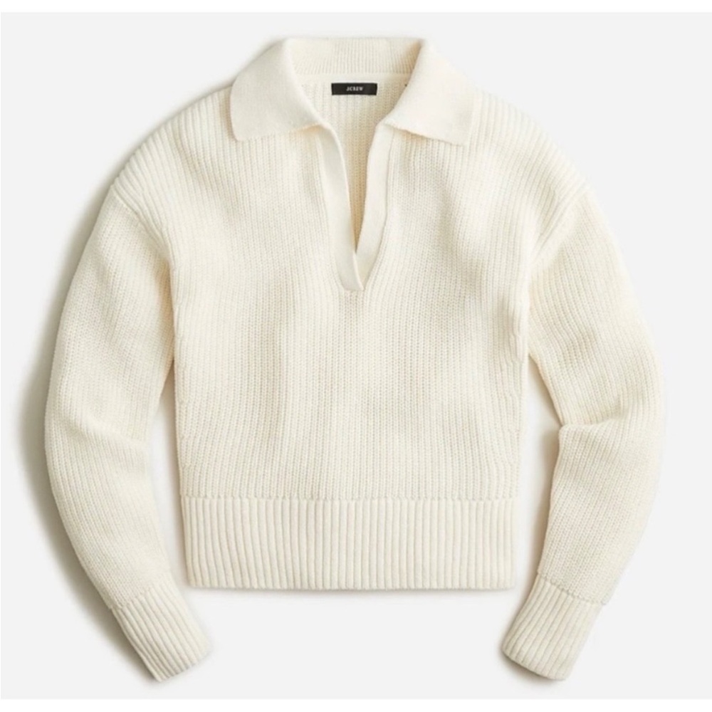 J Crew Ivory Cotton Collared V Neck Beach Sweater